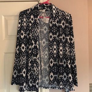 Navy and White Patterned Open Front Sweater